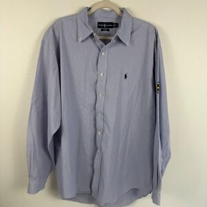 Ralph Lauren Blake Mens XL Blue White Striped Button Down Shirt‎ Tartan Patch
